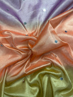 Peach, Lavender & Gold Tissue Silk Saree With Mirror Work, Pearl Detailing & Designer Lace Border