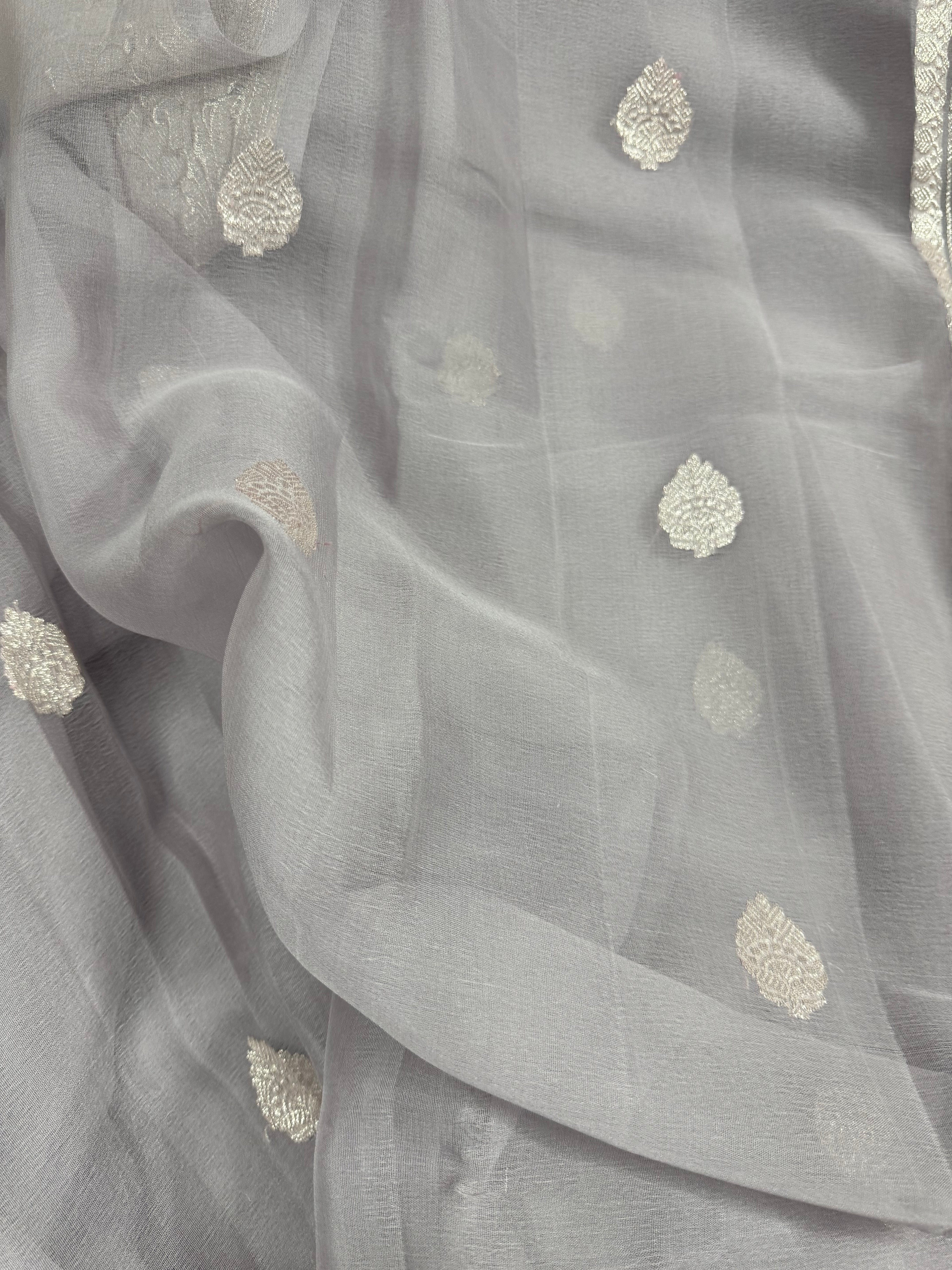 Grey Pure Khaddi Chiffon Silk Banarasi Saree