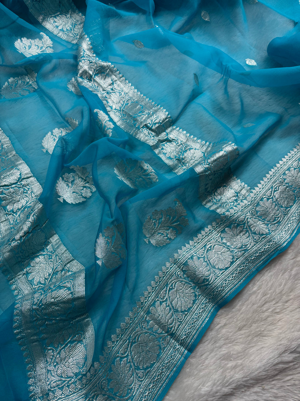 Sky Blue Pure Khaddi Chiffon Silk Banarasi Saree