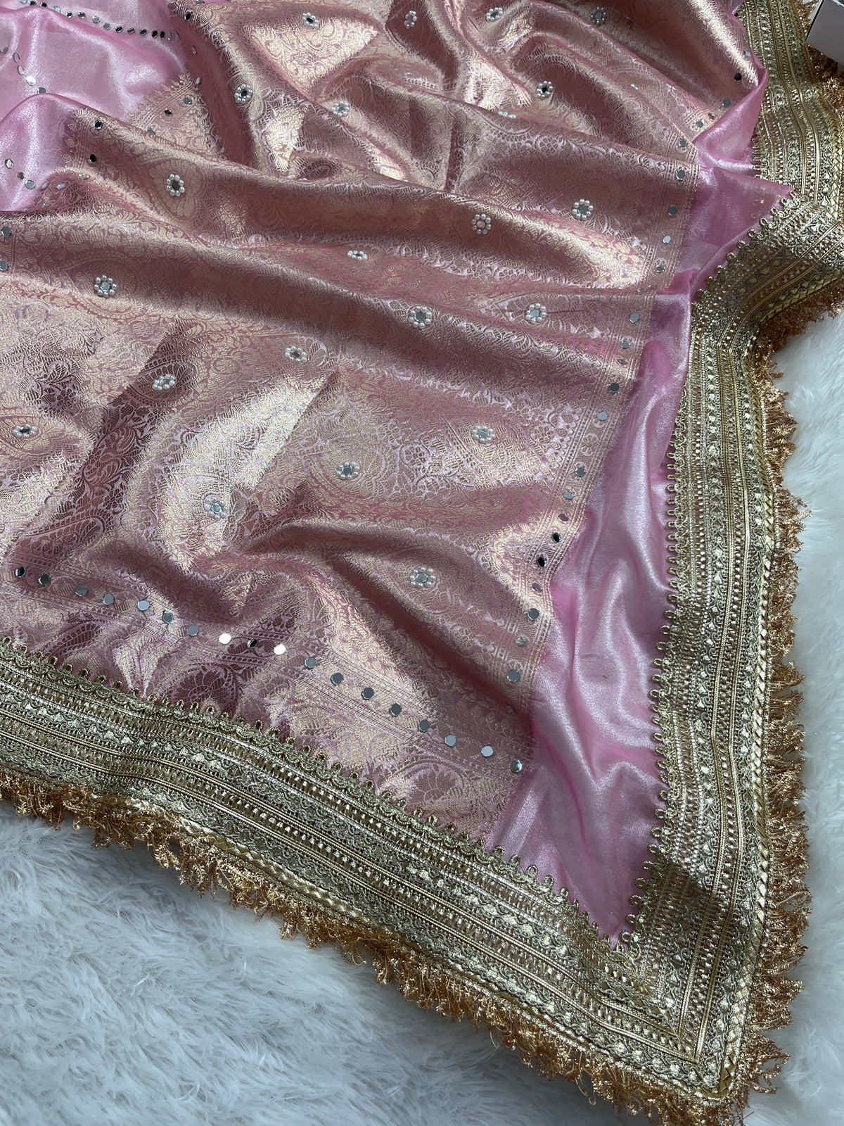 Baby Pink Mirror & Pearl Work Beautiful lace Border Tissue Silk Banarasi Saree