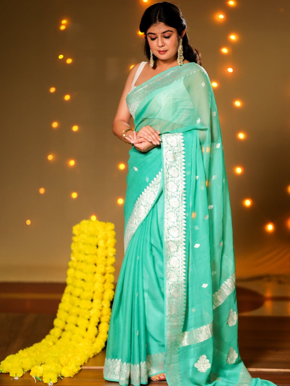 Sea Green Pure Khaddi Chiffon Silk Banarasi Saree