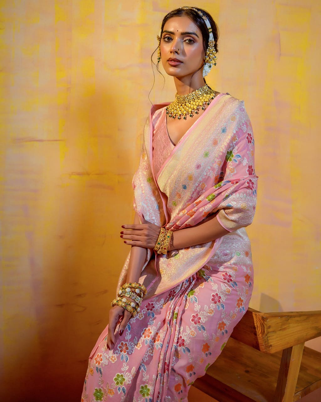 Baby Pink With Handbrush Pure Khaddi Georgette Silk Banarasi Saree