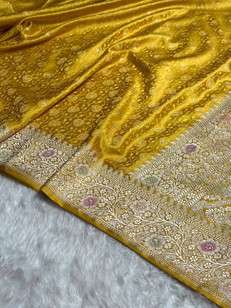 Yellow Meenakari Mashru Katan Silk Banarasi Saree