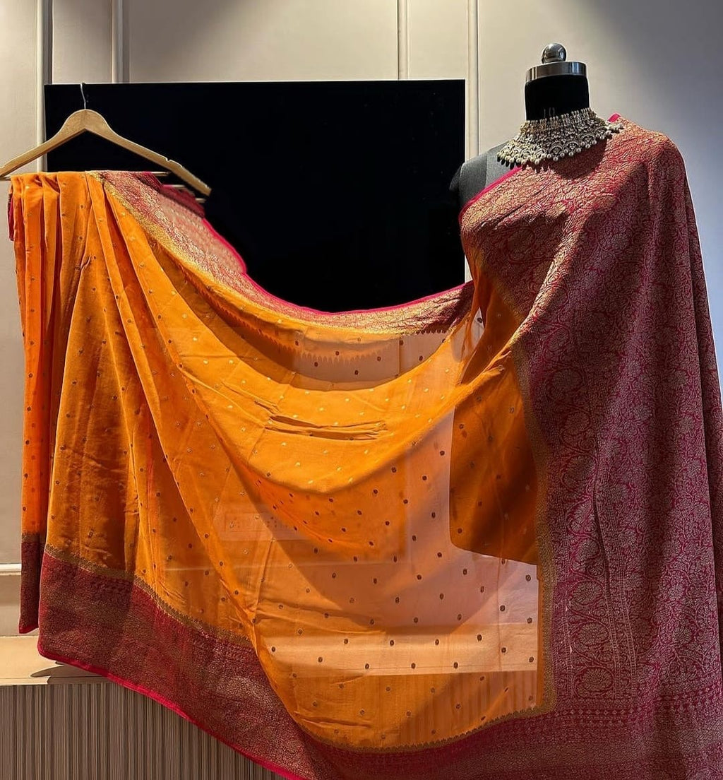 Burnt & Red Pure Khaddi Georgette Silk Banarasi Big Border Dana Saree