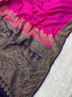 Hot Pink & Navy Blue Pure Khaddi Crep Silk Banarasi Saree