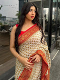 Off- White & Red Pure Khaddi Georgette Silk Banarasi Saree