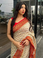 Off- White & Red Pure Khaddi Georgette Silk Banarasi Saree
