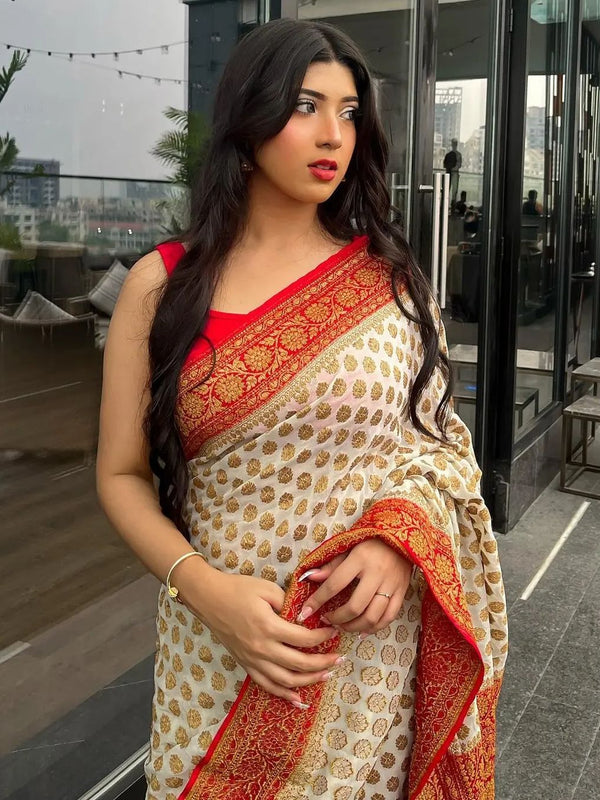 Off- White & Red Pure Khaddi Georgette Silk Banarasi Saree