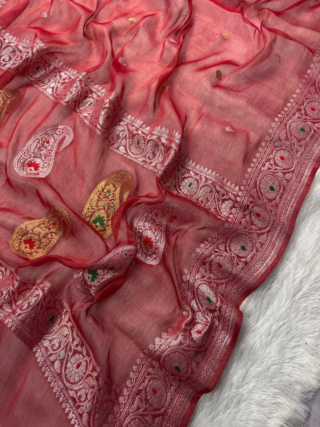 Red Pure Khaddi Tissue Chiffon Sona & Roopa Meenakari Banarasi Saree
