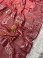 Red Pure Khaddi Tissue Chiffon Sona & Roopa Meenakari Banarasi Saree