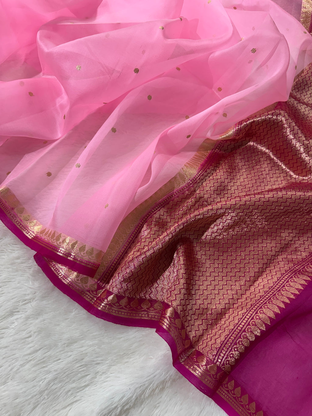 Baby Pink & Rani Pink Pure Kora Organza Silk Banarasi Saree