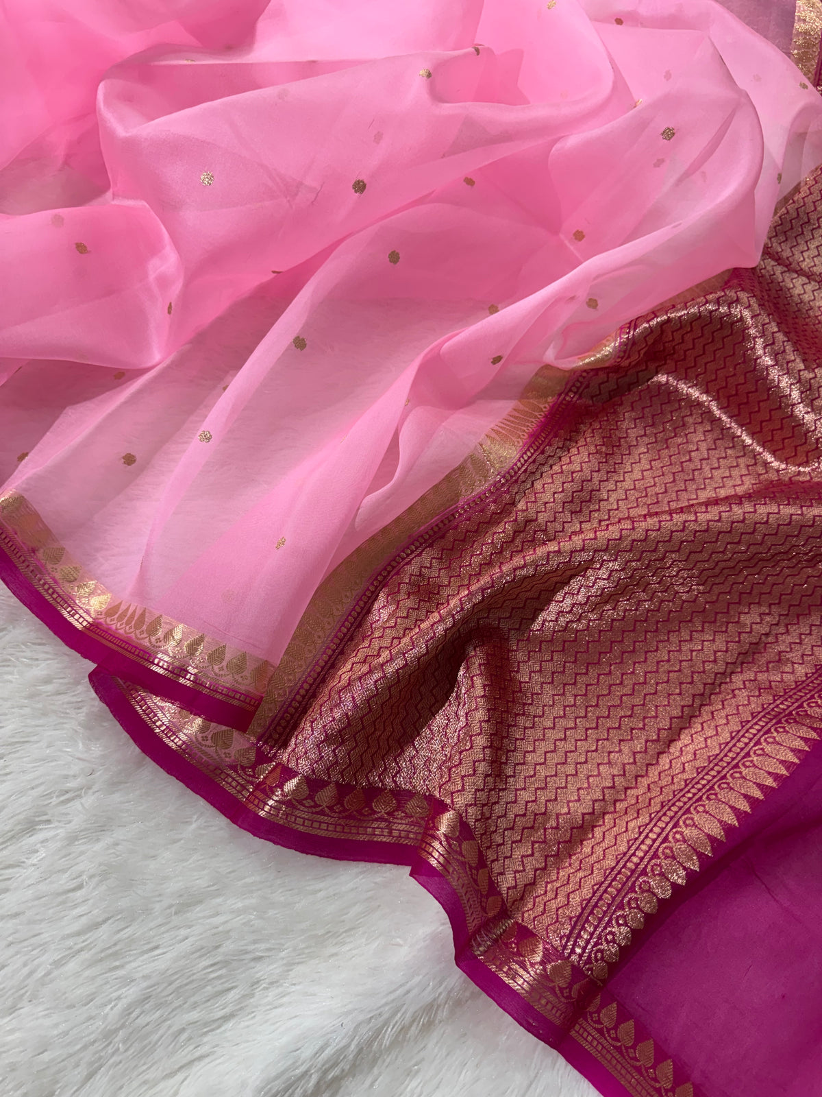 Baby Pink & Rani Pink Pure Kora Organza Silk Banarasi Saree