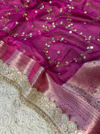 Pure Banarasi Tissue Saree with Hand Work on all over Body with Intricate Border and Pallu Design Along with Gotta Patti Lace Work