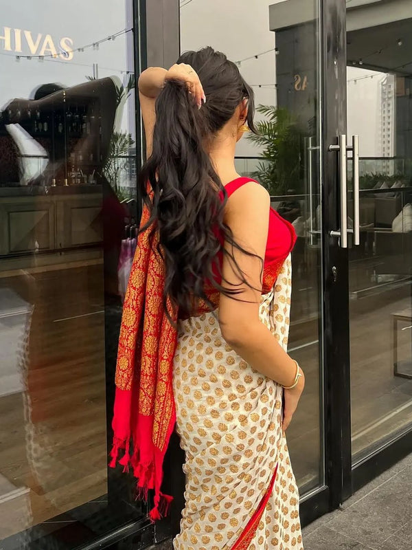 Off- White & Red Pure Khaddi Georgette Silk Banarasi Saree
