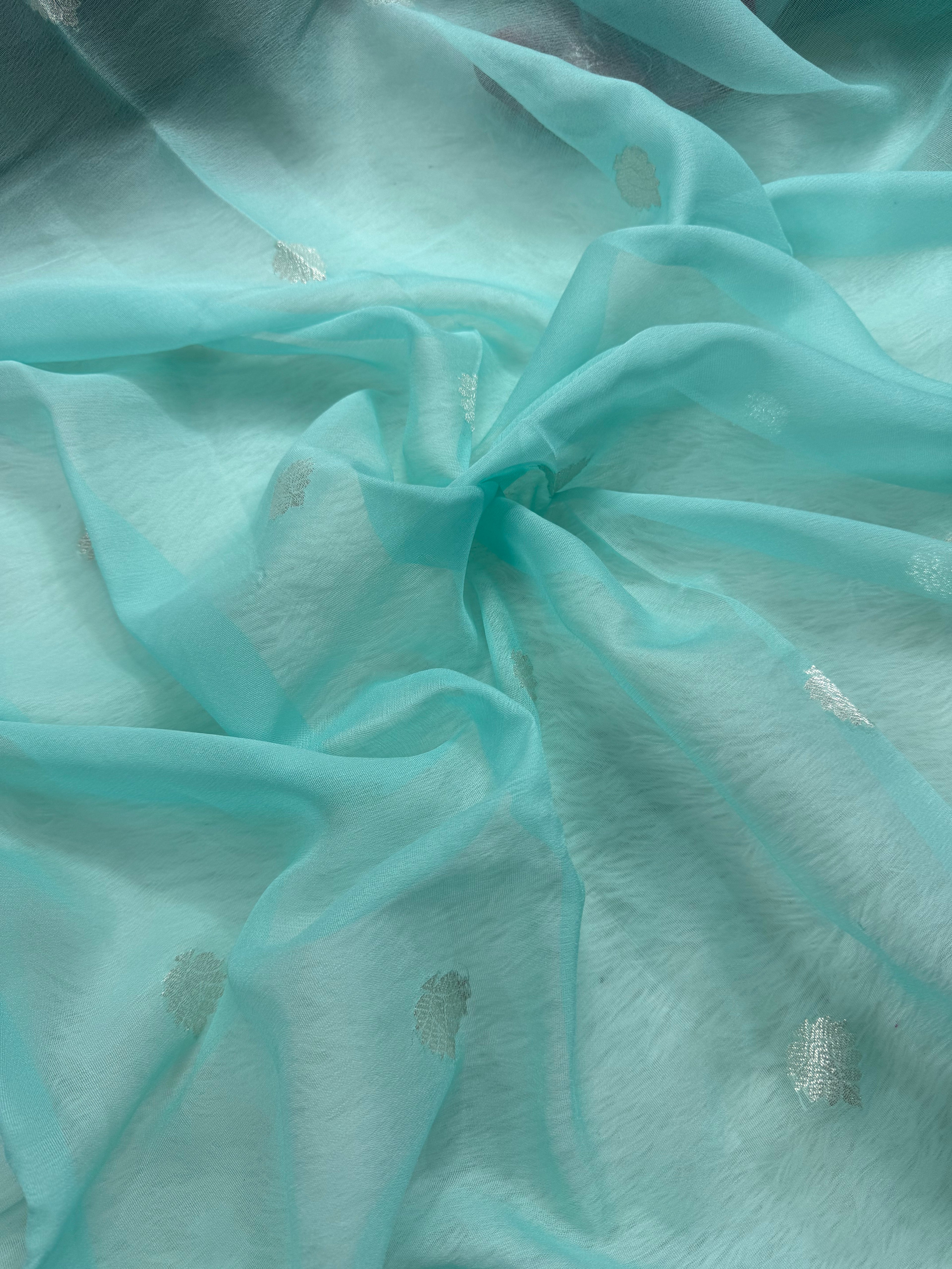Light Sea Green & Red Pure Khaddi Chiffon Silk Banarasi Saree