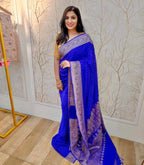 Royal Blue Pure Khaddi Crep Silk Banarasi Saree