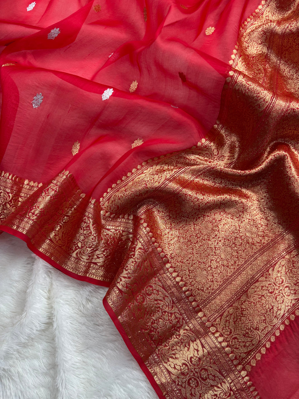 Red Sona & Roopa Pure Kora Organza Silk Banarasi Saree