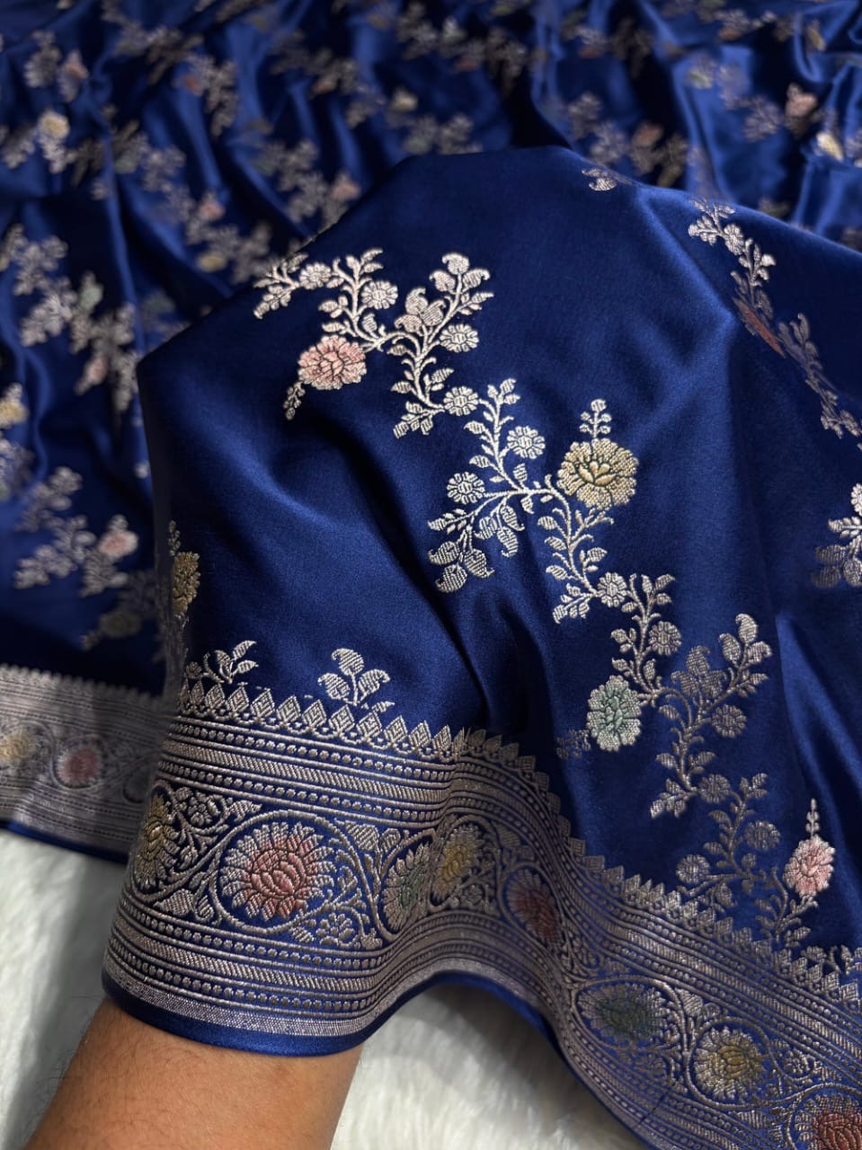 Navy Blue Meenakari Mashru Katan Silk Banarasi Saree