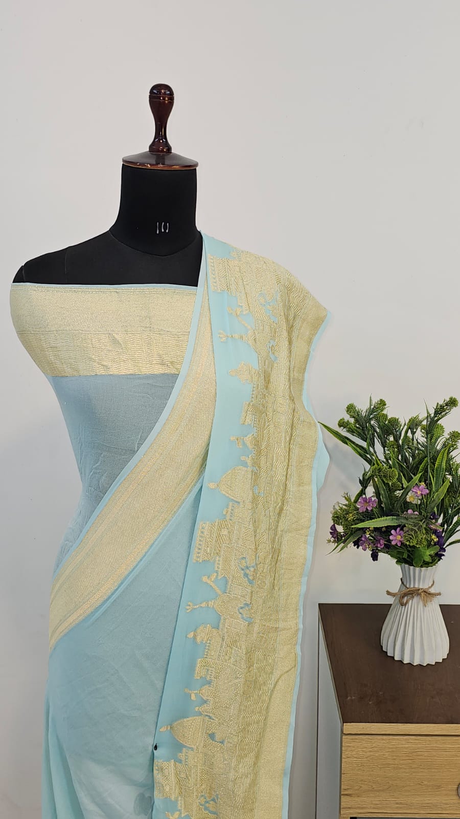 Powder Blue Pure Khaddi Georgette Silk Banarasi Saree
