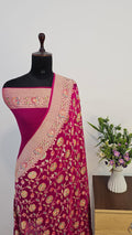 Hot Pink Handbrush Meenakari Pure Khaddi Georgette Silk Banarasi Saree