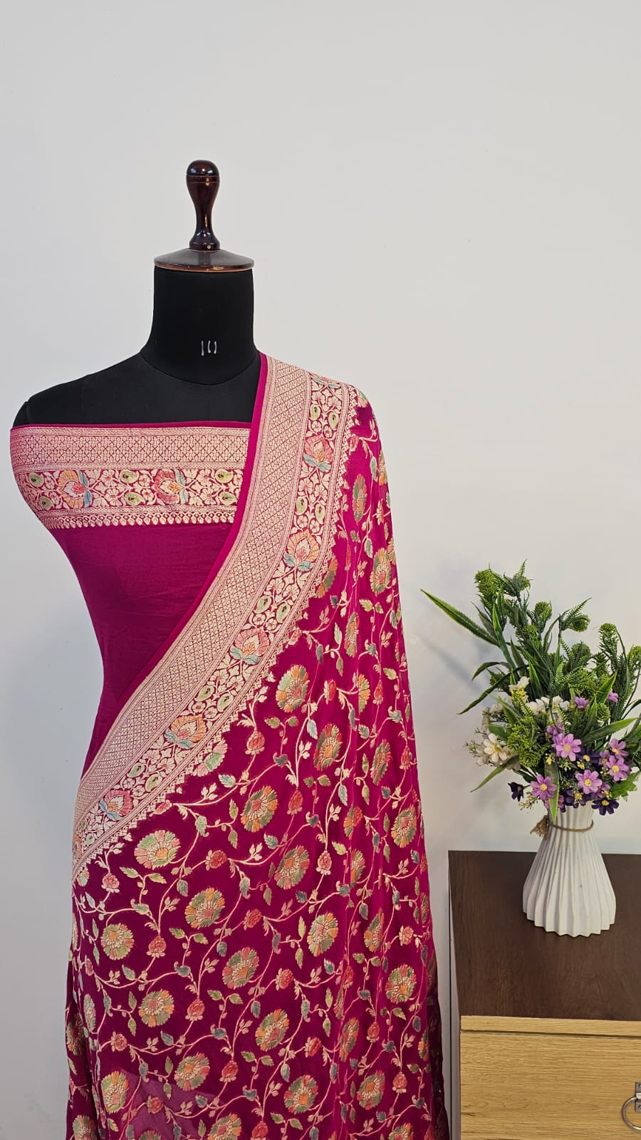 Hot Pink Handbrush Meenakari Pure Khaddi Georgette Silk Banarasi Saree