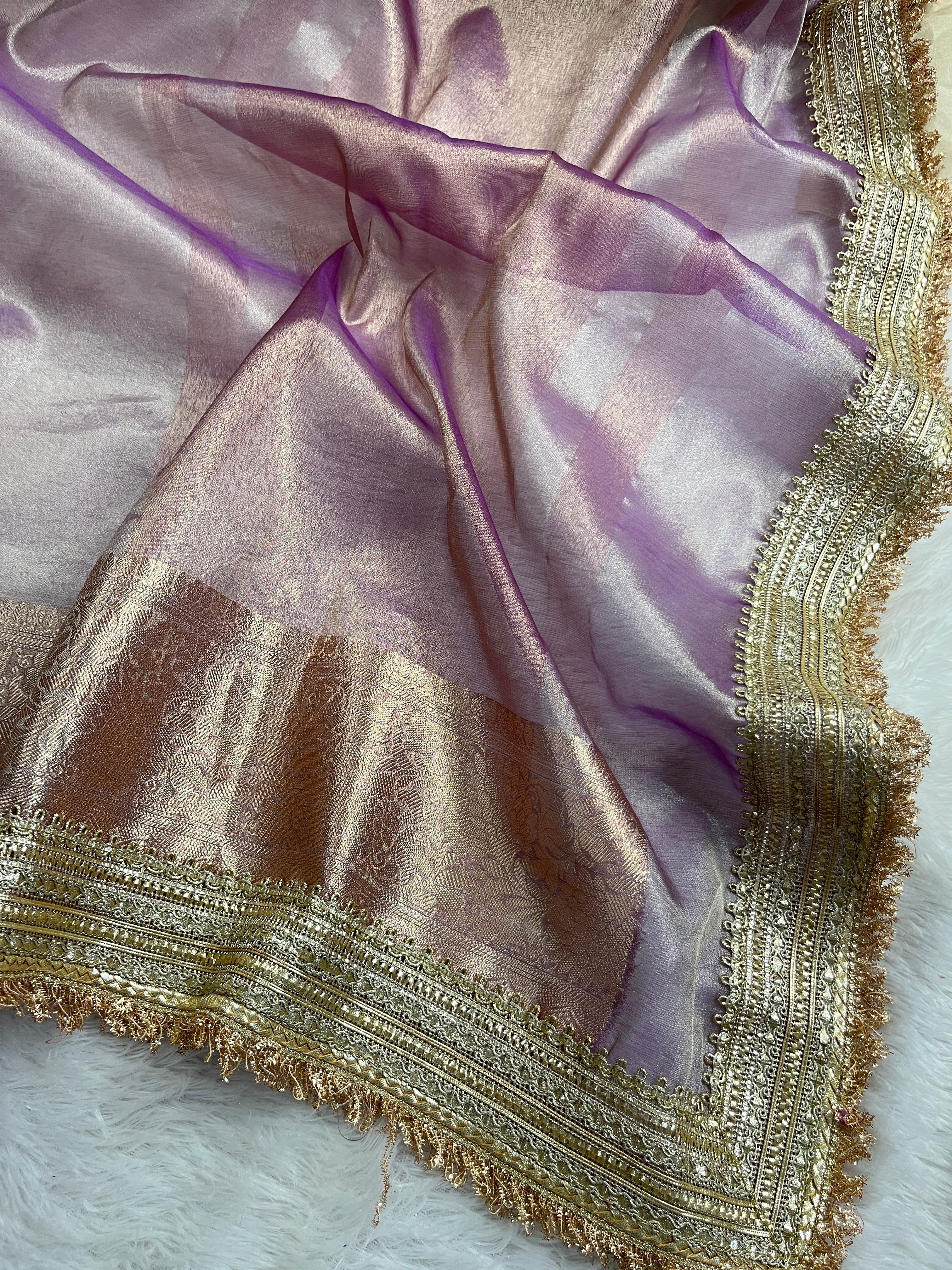 Lavender Tissue Silk Banarasi Saree With Designer Lace Work