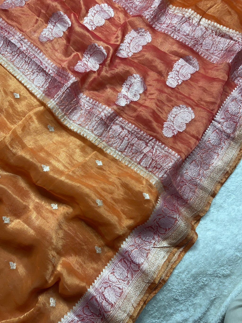 Pure khaddi Tissue Chiffon Silk Banarasi Border Booti 3d Saree