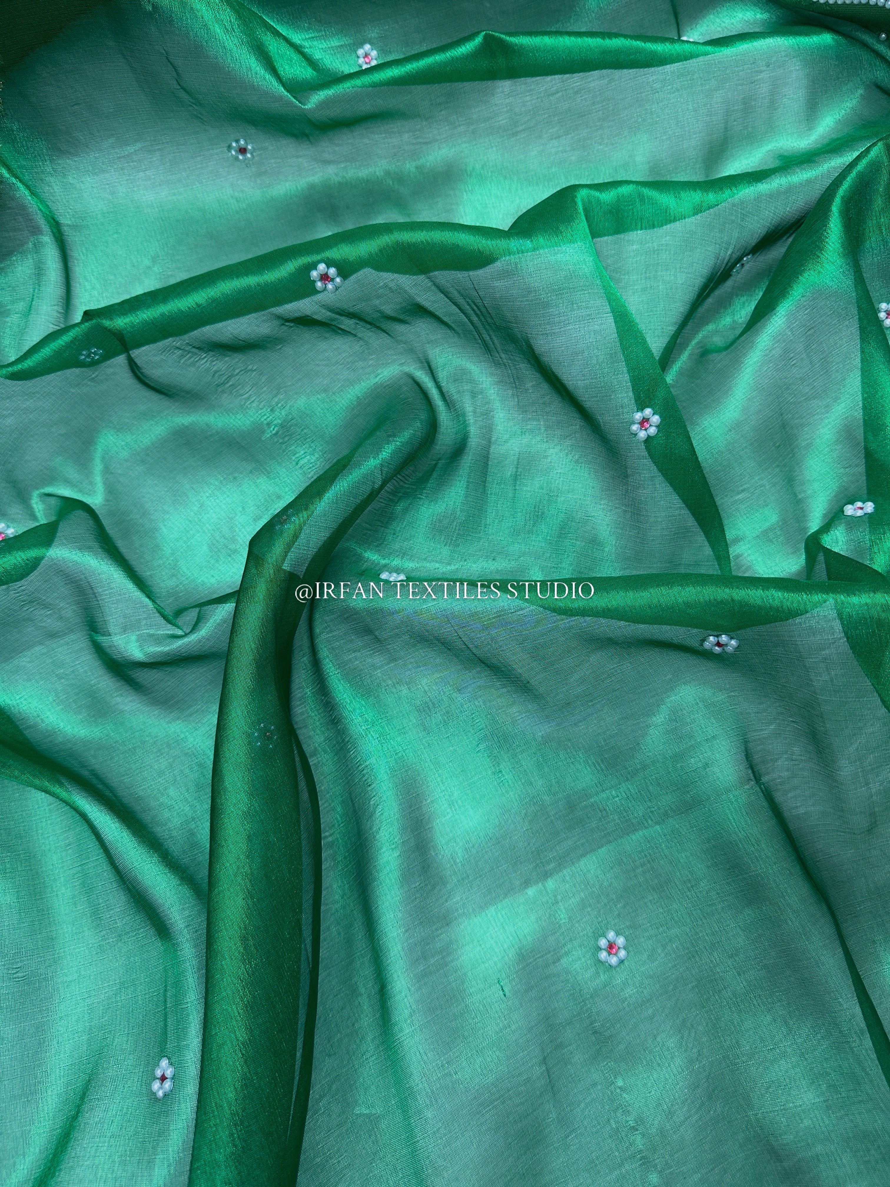 Emerald Green Tissue Silk Banarasi Saree with Pearl Work & Designer Lace Border