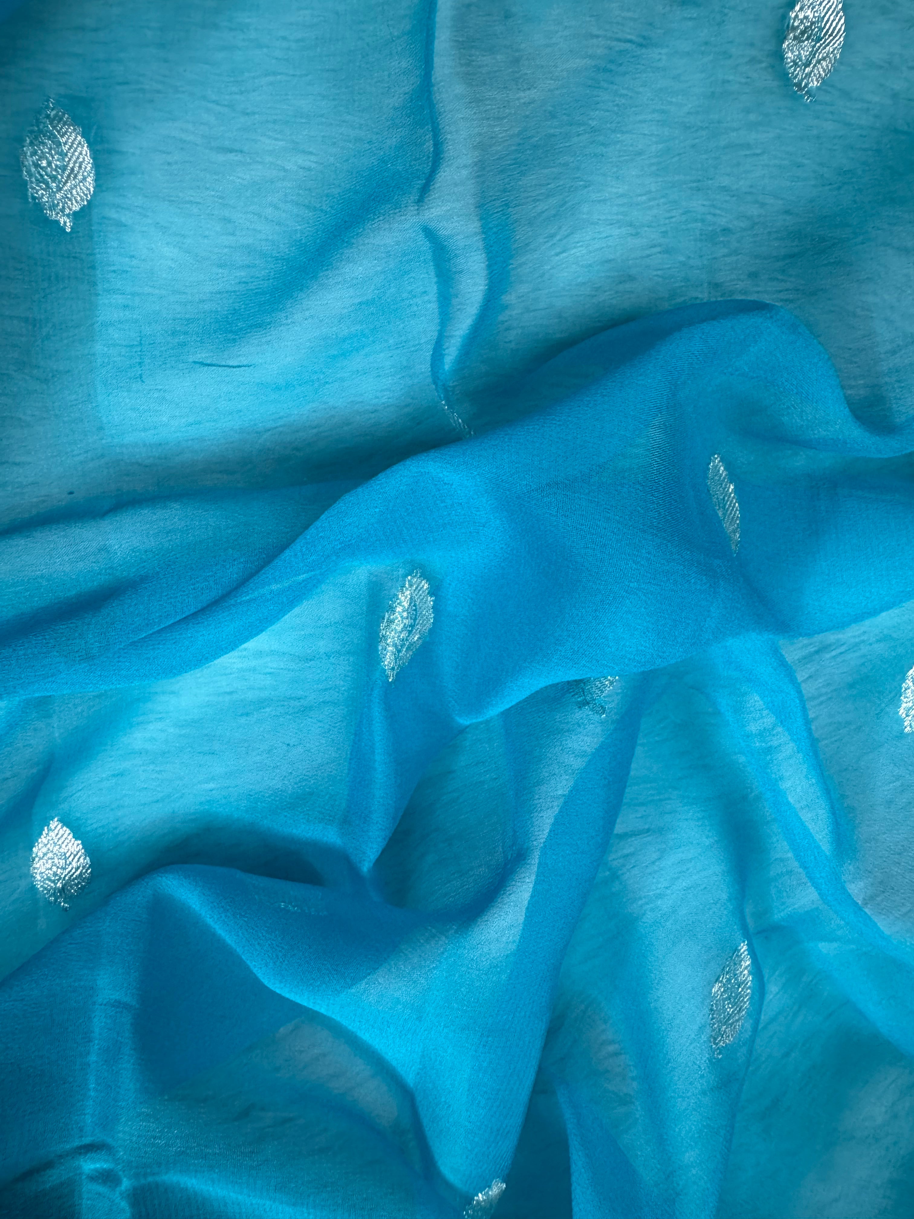 Sky Blue Pure Khaddi Chiffon Silk Banarasi Saree