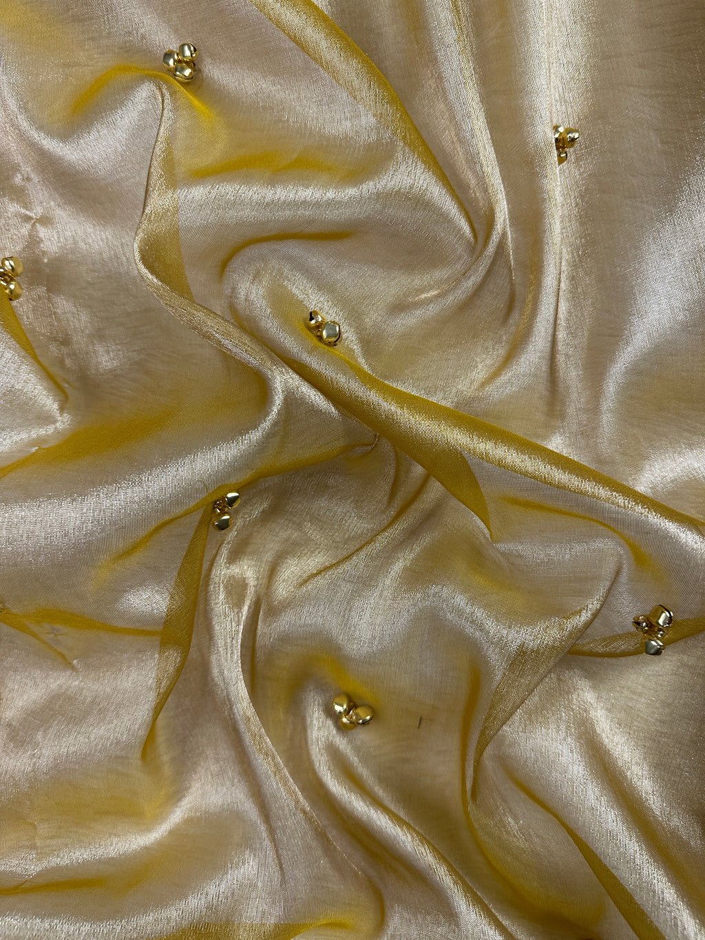 Yellow Tissue Silk Saree With Golden Ghungroo Butti Work & Luxury Lace Border