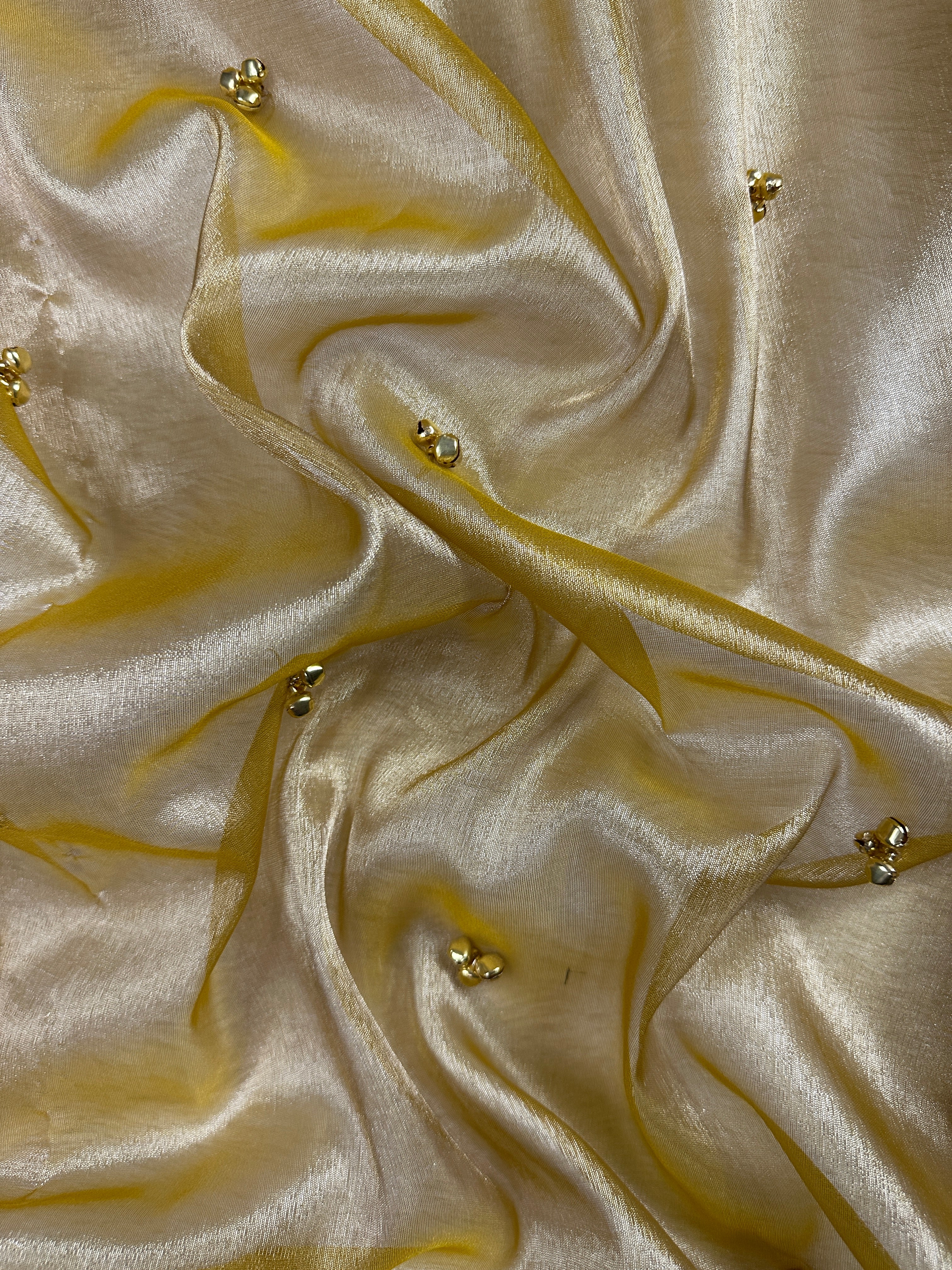 Yellow Tissue Silk Saree With Golden Ghungroo Butti Work & Luxury Lace Border