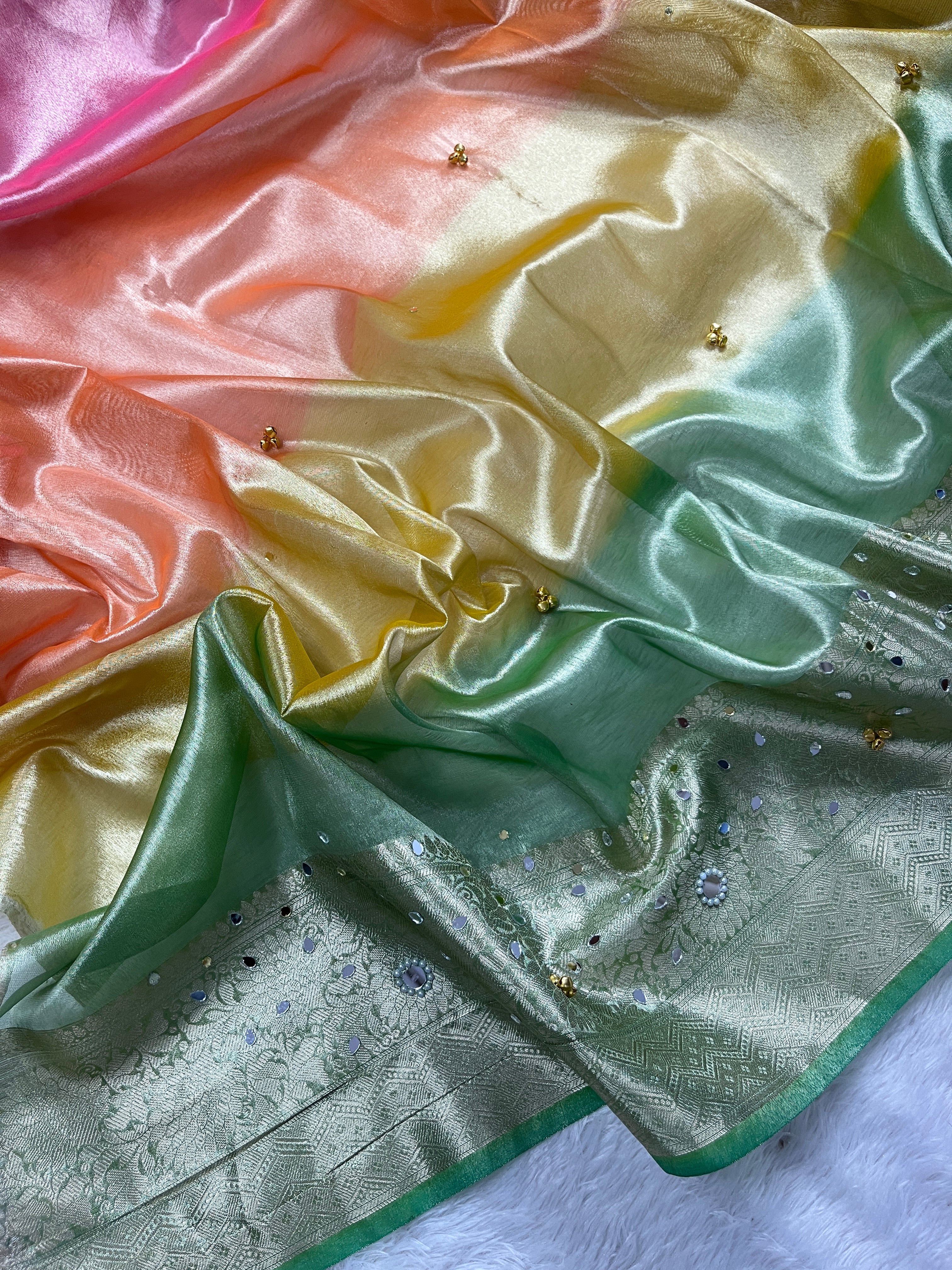 Dual Shade Peach & Mint Banarasi Tissue Silk Saree With Golden Ghunghroo Butti, Mirror Work & Luxury Lace