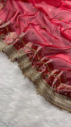Red Tissue Silk Saree With Ghungroo & Mirror Work Designer Border Lace Saree