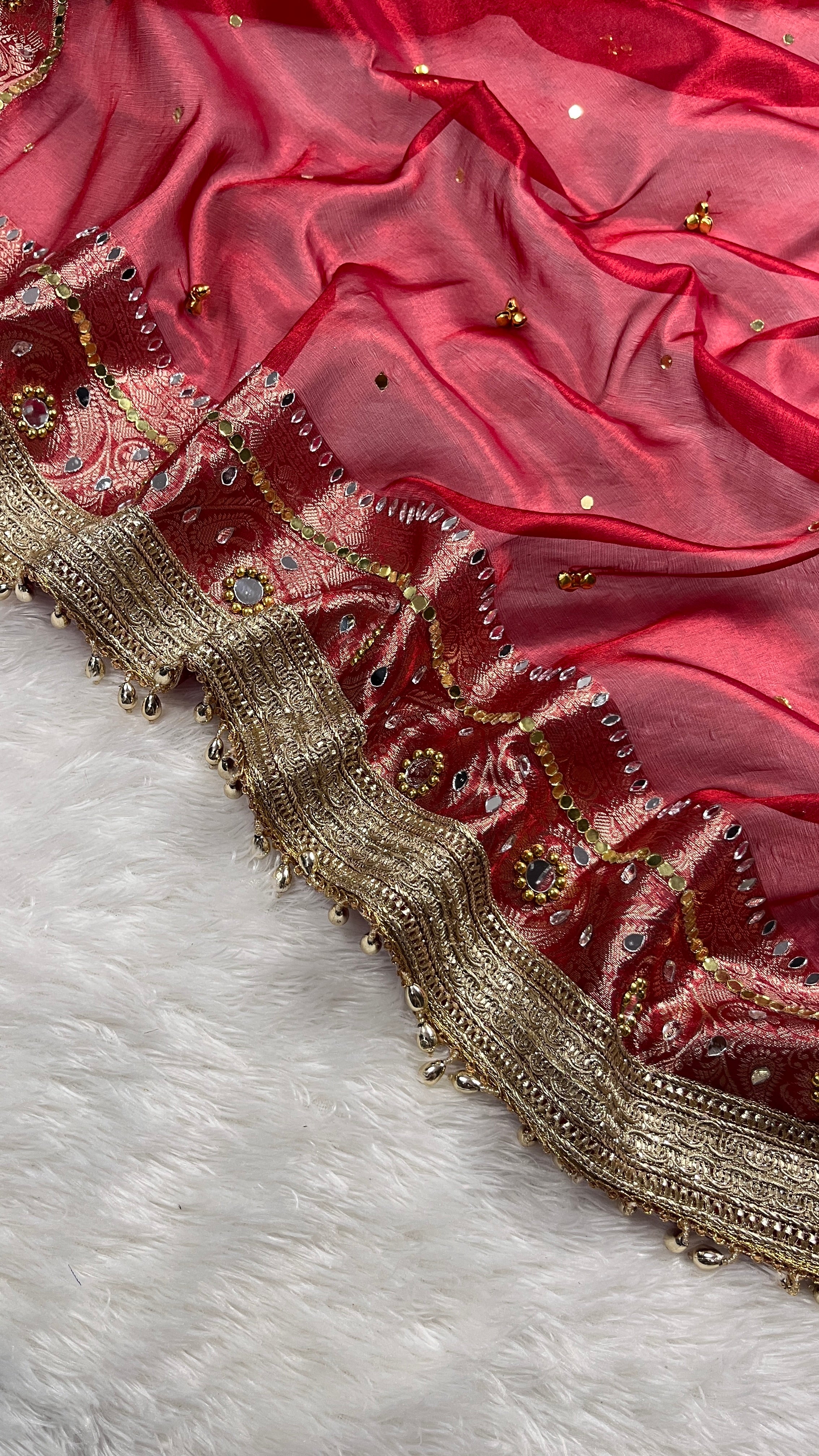 Red Tissue Silk Saree With Ghungroo & Mirror Work Designer Border Lace Saree