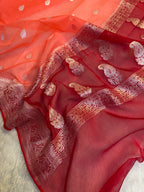 Bright Peach & Red Pure Khaddi Chiffon Silk Banarasi Saree