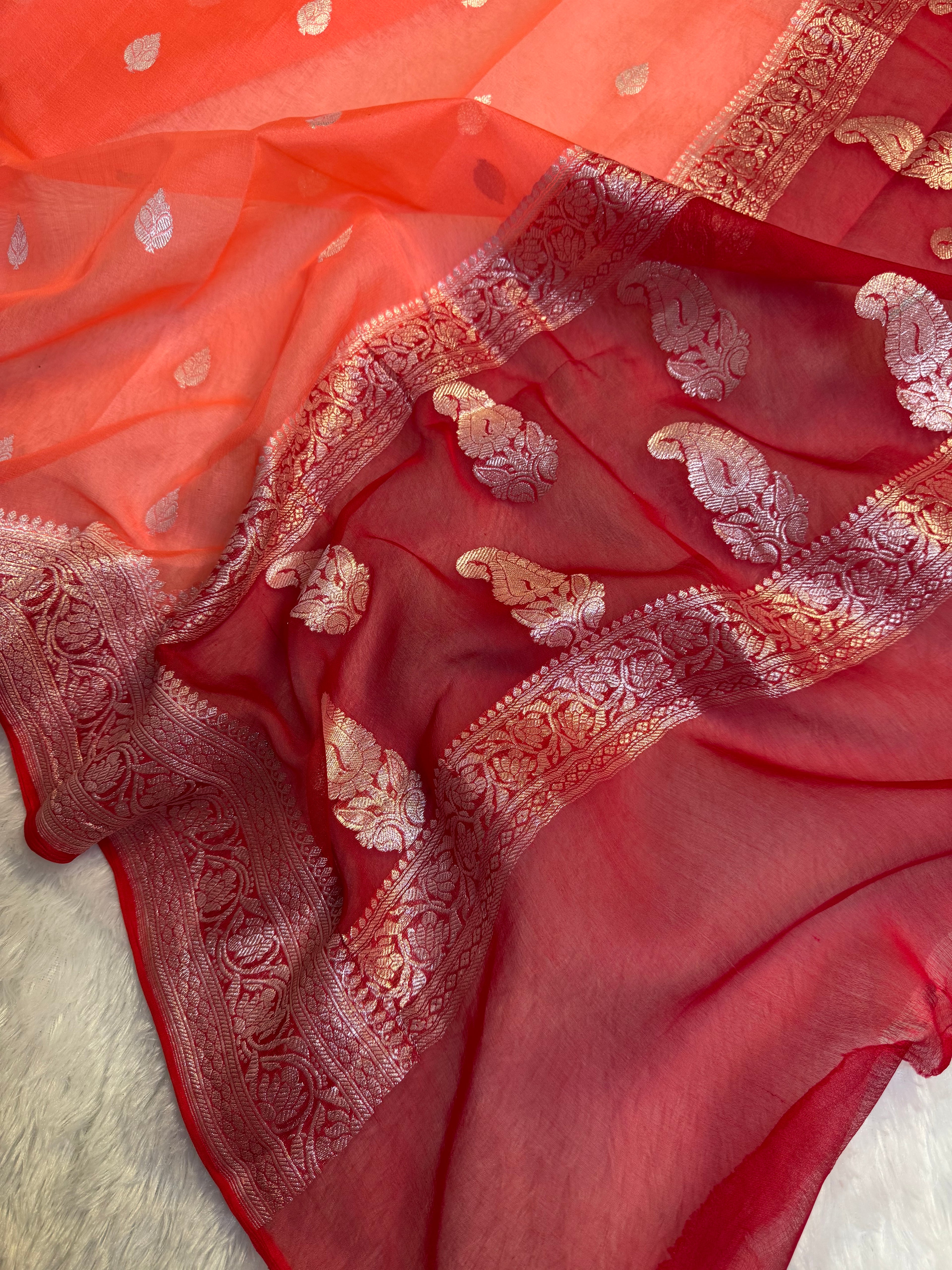 Bright Peach & Red Pure Khaddi Chiffon Silk Banarasi Saree