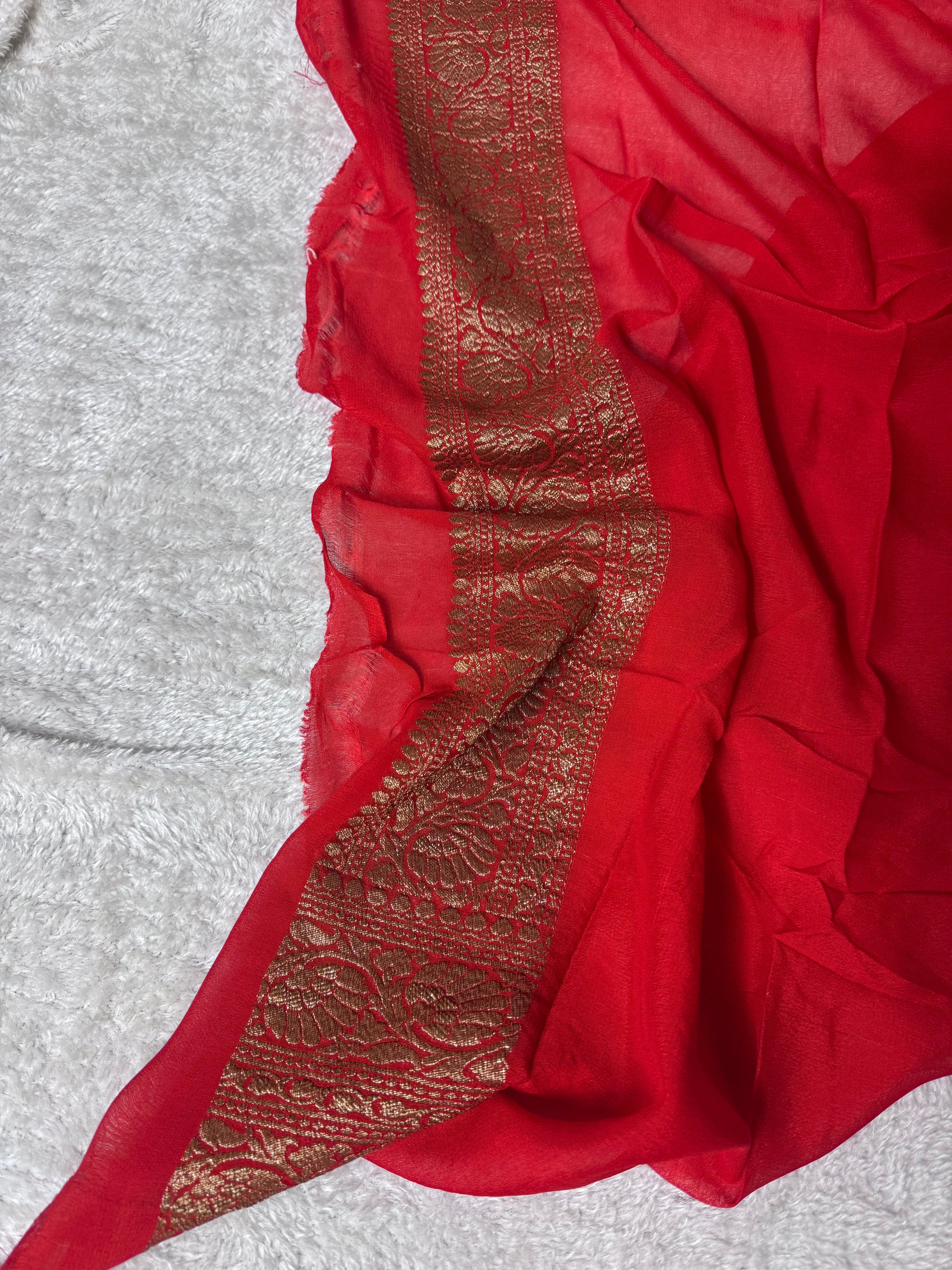 Rama Green & Red Pure Khaddi Georgette Silk Banarasi Saree