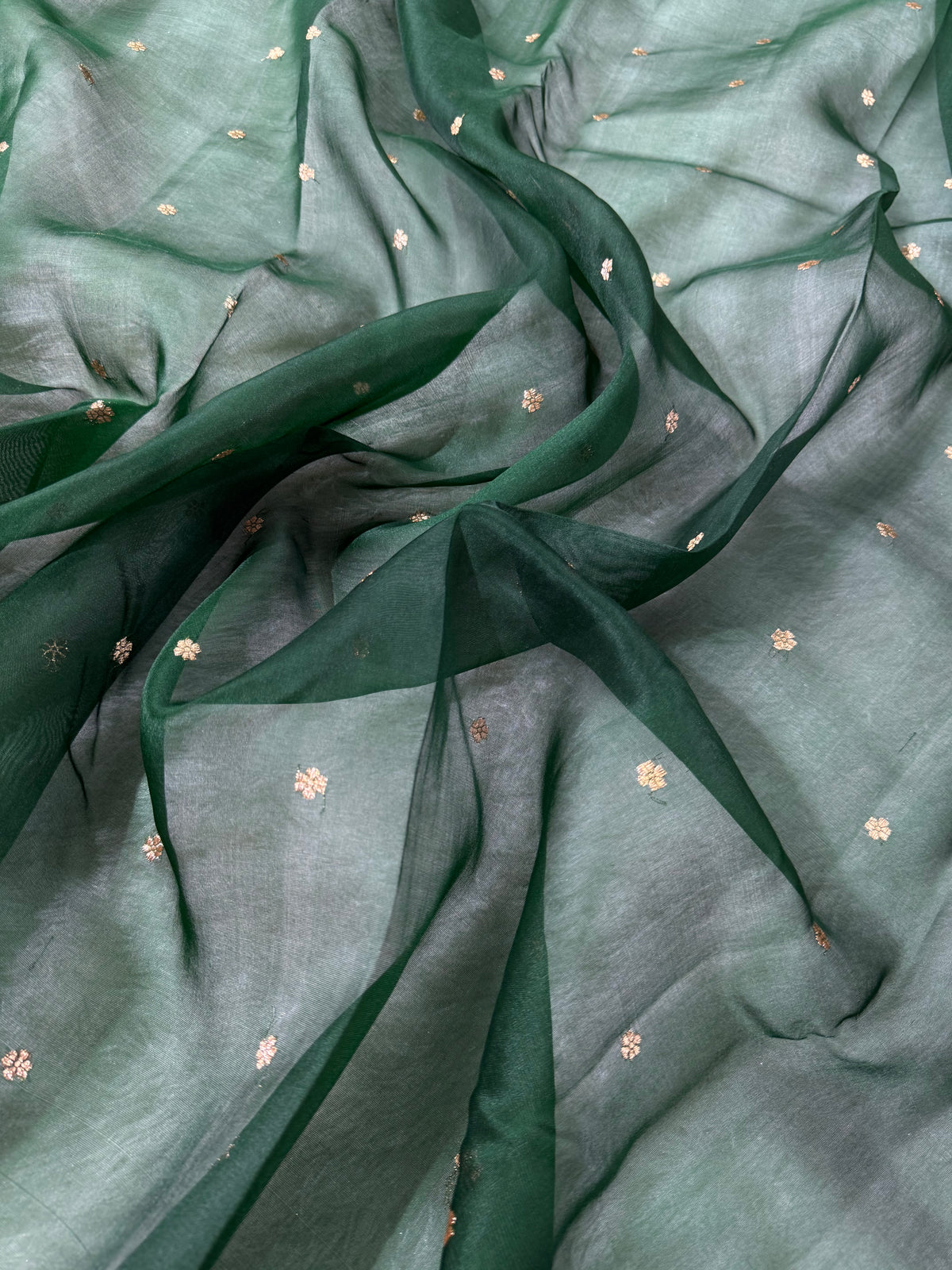 Bottle Green & Rani Pink Pure Kora Organza Silk Banarasi Saree