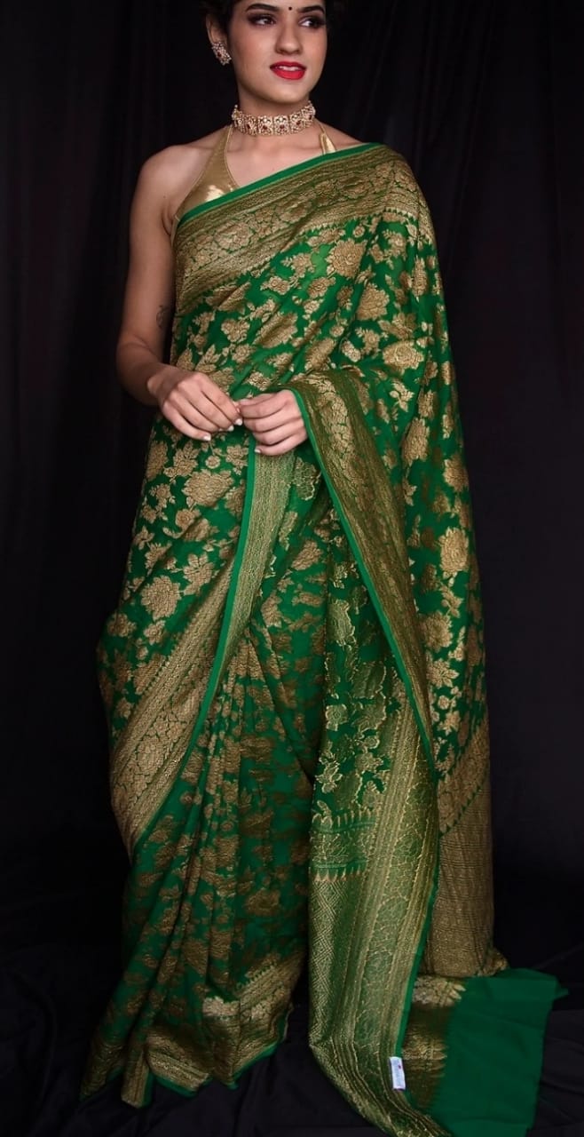 Deep Emerald Green Pure Khaddi Georgette Silk Banarasi Jaal Handwoven Saree