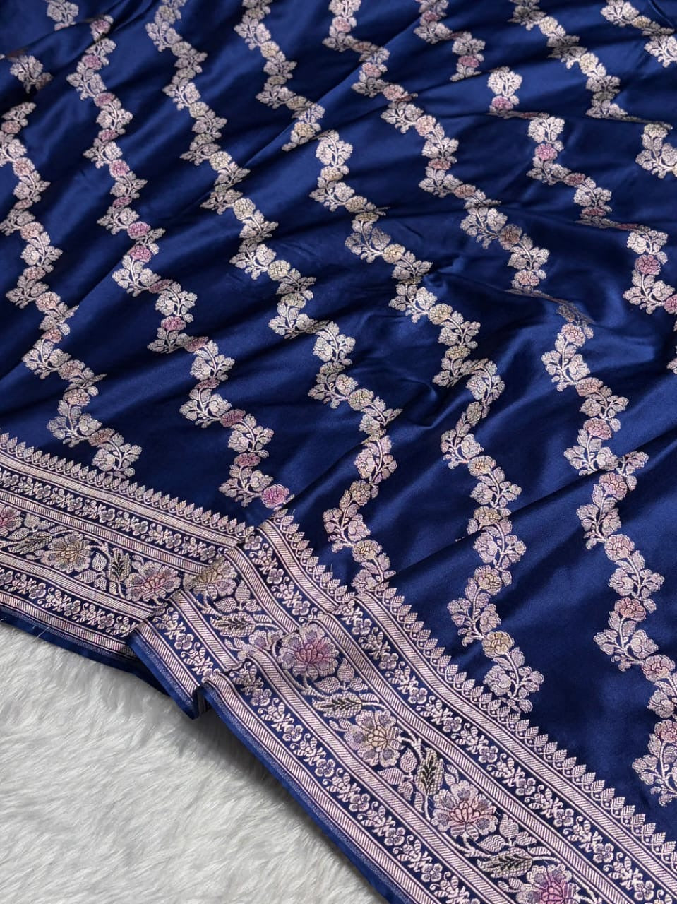 Navy Blue Meenakari Mashru Katan Silk Banarasi Saree