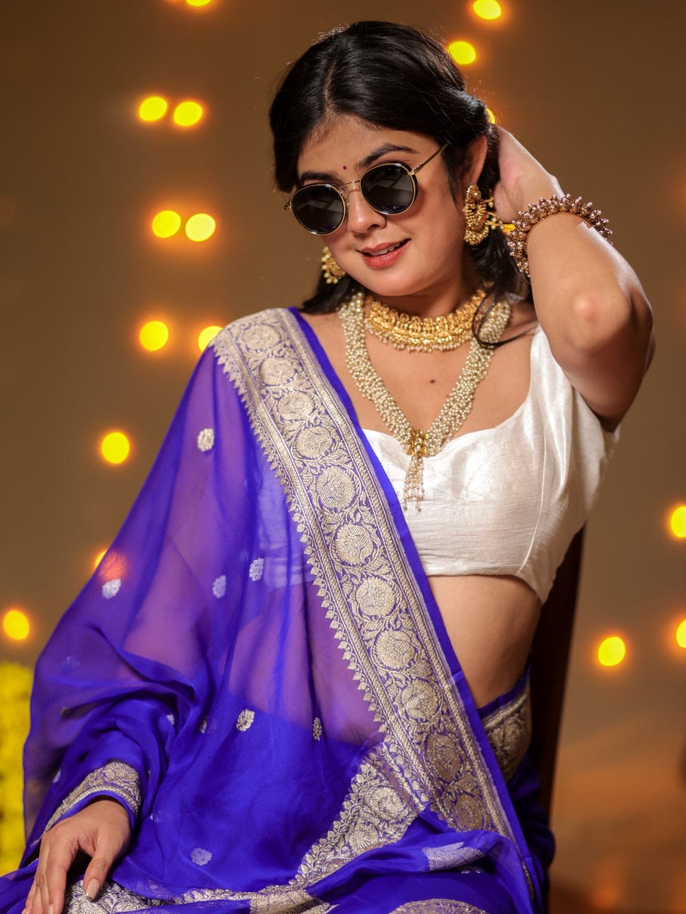 Royal Blue Pure Khaddi Chiffon Silk Banarasi Saree