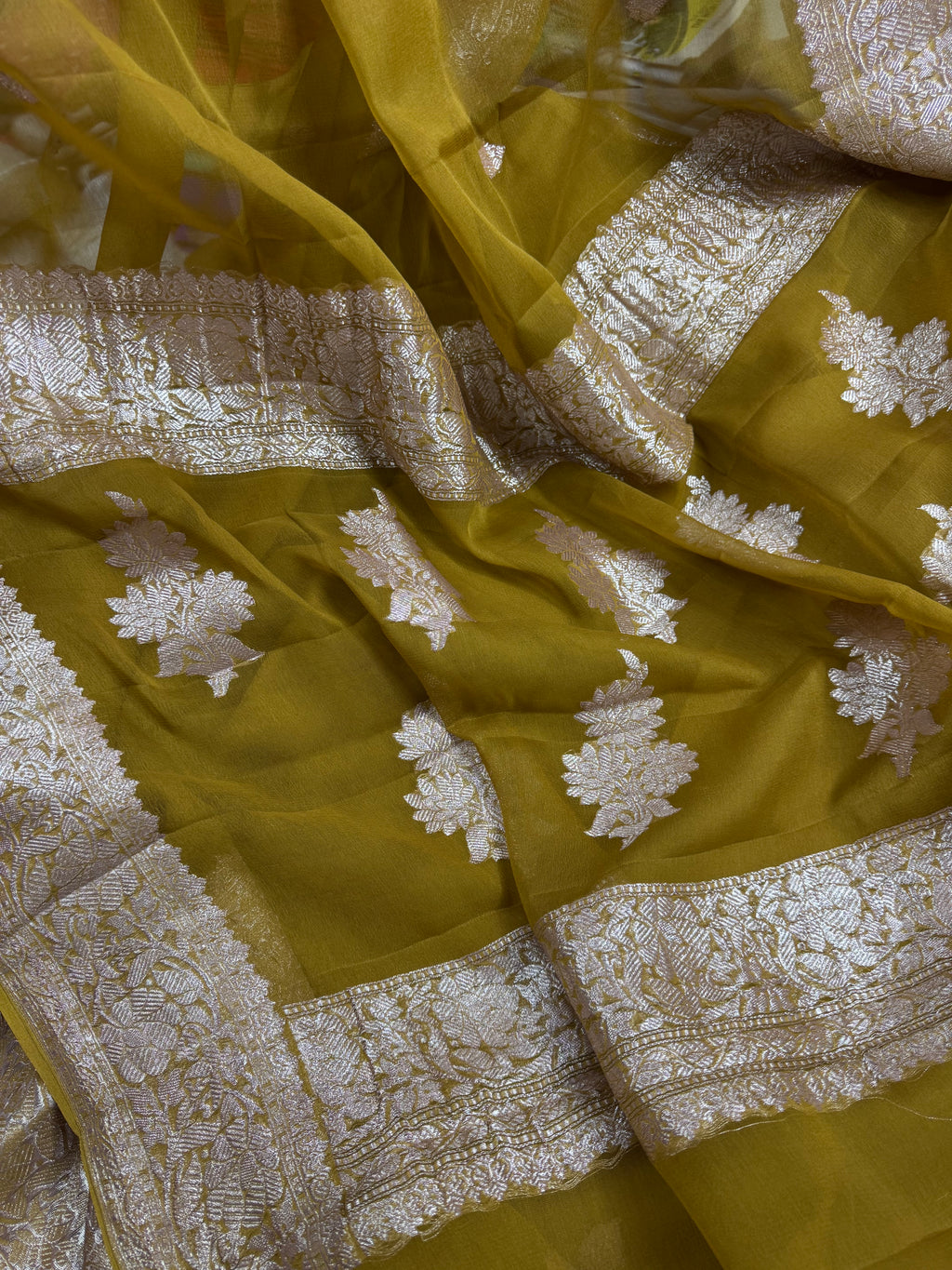 Golden Mustard Pure Khaddi Chiffon Silk Banarasi Saree