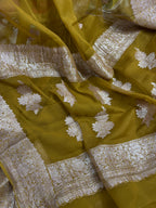 Golden Mustard Pure Khaddi Chiffon Silk Banarasi Saree