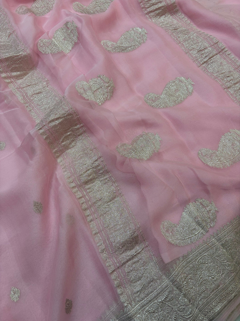 Baby Pink Pure Khaddi Chiffon Silk Banarasi Saree