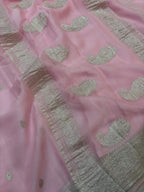 Baby Pink Pure Khaddi Chiffon Silk Banarasi Saree