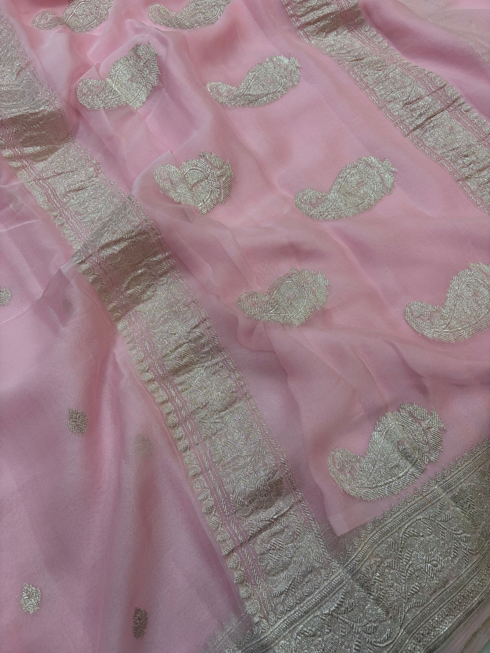 Baby Pink Pure Khaddi Chiffon Silk Banarasi Saree