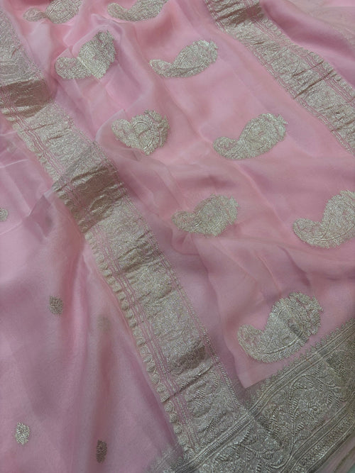 Baby Pink Pure Khaddi Chiffon Silk Banarasi Saree