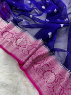 Royal Blue & Rani Pink Pure Khaddi Chiffon Silk Banarasi Saree