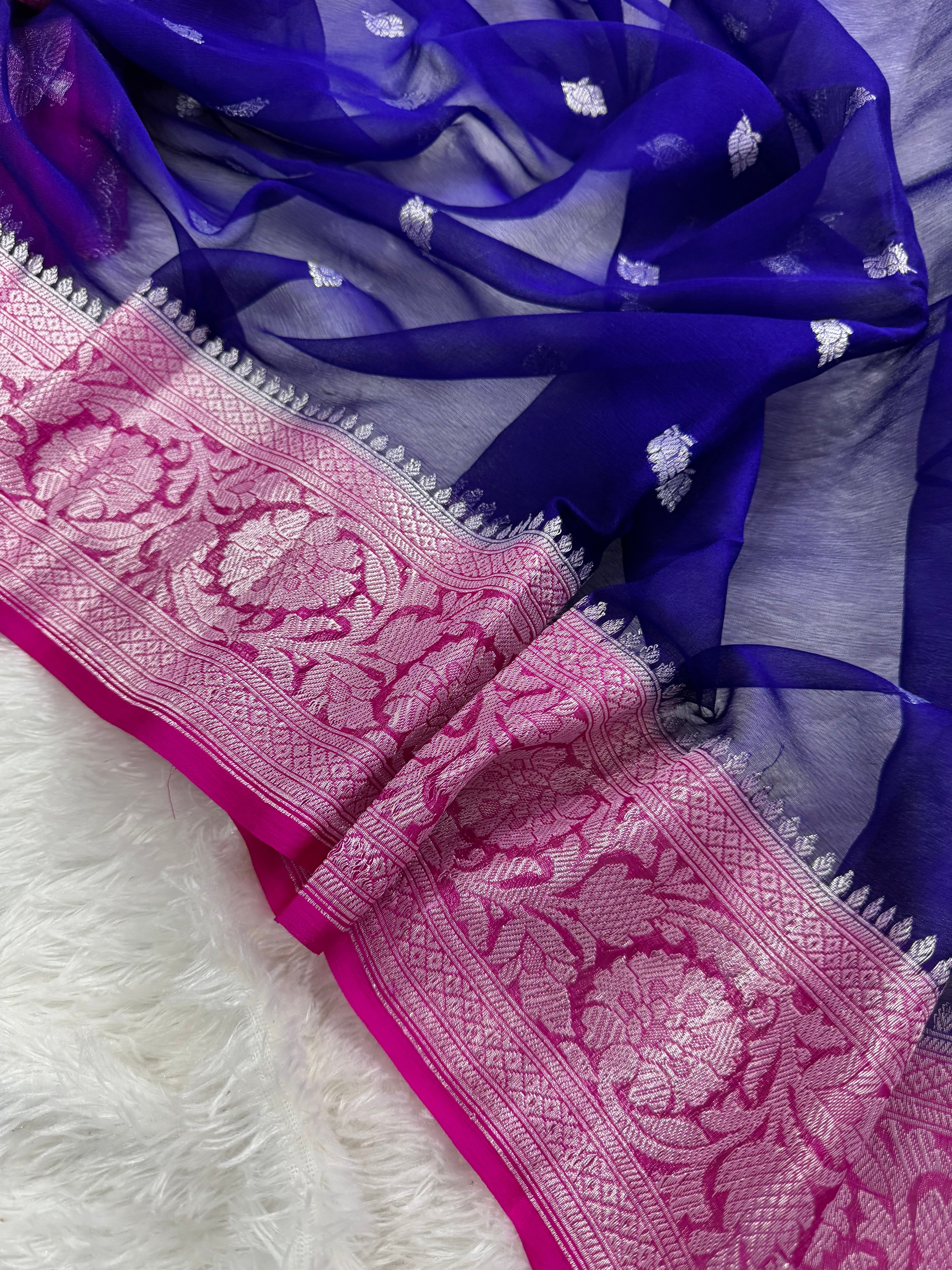 Royal Blue & Rani Pink Pure Khaddi Chiffon Silk Banarasi Saree