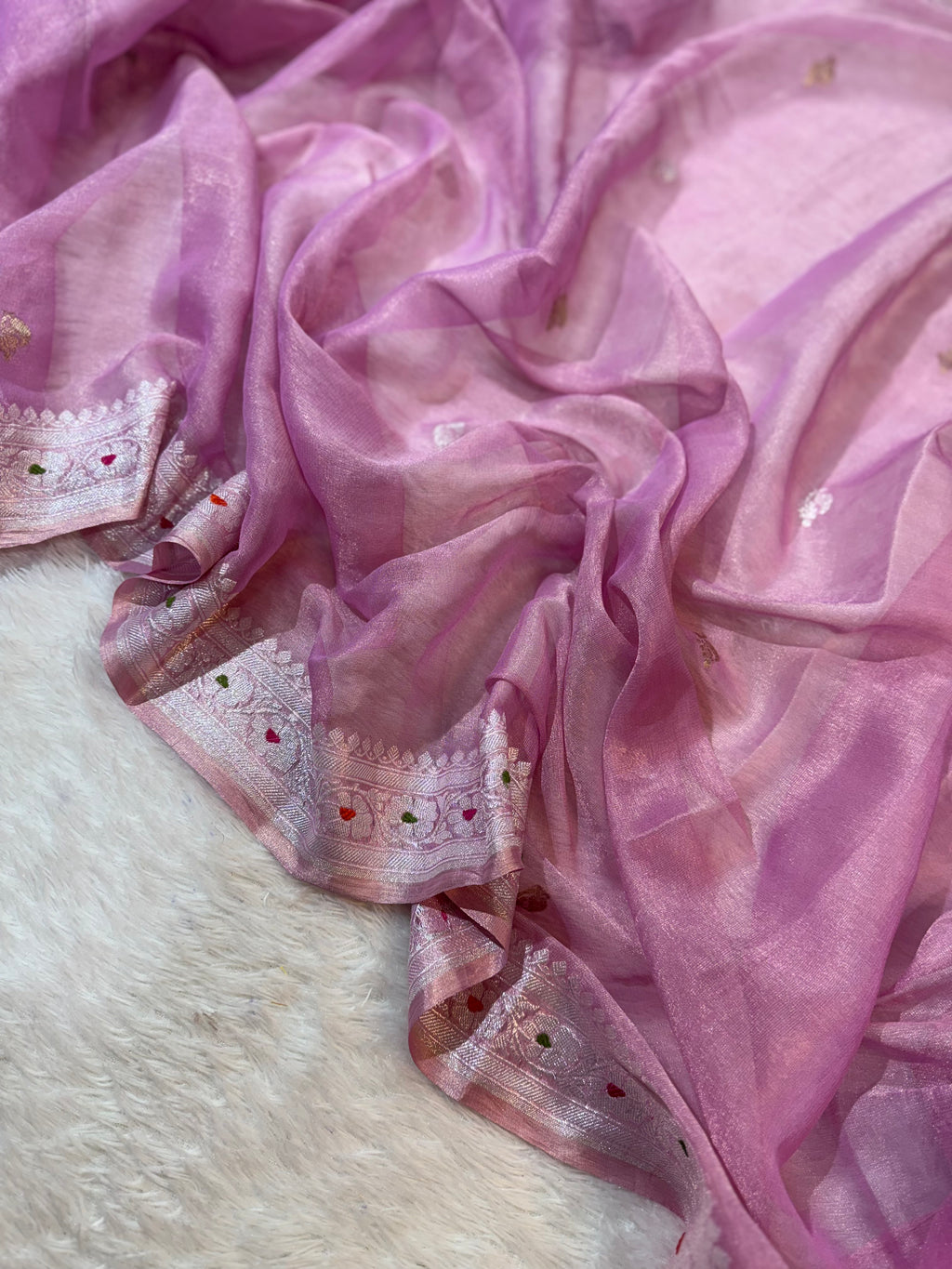 Pink Pure Khaddi Tissue Chiffon Sona & Roopa Meenakari Banarasi Saree